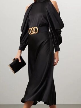 Arias New York $795 Retail Cold-Shoulder Halter Neck Black Midi Dress Size 6